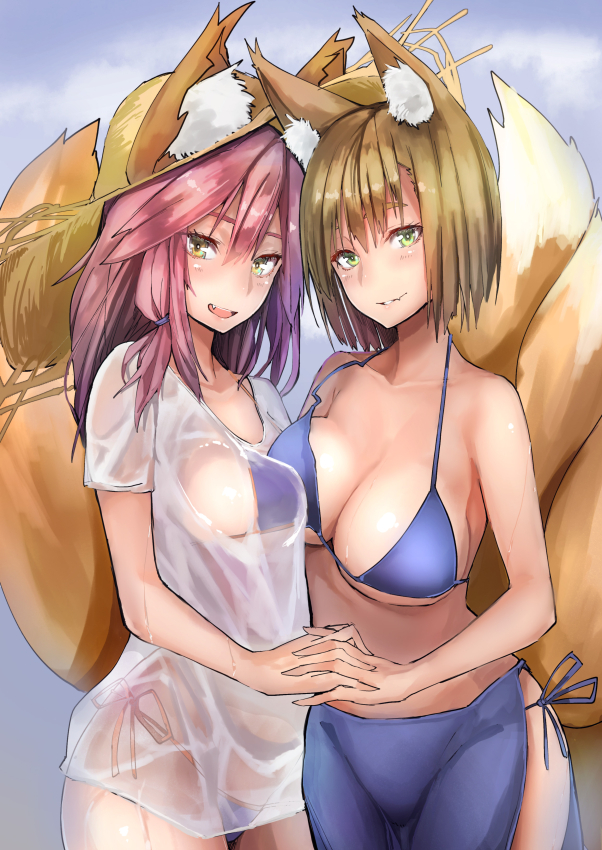 alternate_costume animal_ear_fluff animal_ears bikini bikini_under_clothes blonde_hair blue_bikini blush breast_press breasts collarbone commentary_request cowboy_shot ears_through_headwear fate/grand_order fate_(series) fox_ears fox_tail hat holding_hands large_breasts long_hair looking_at_viewer masuo multiple_girls multiple_tails open_mouth pink_hair sarong see-through shirt short_hair side-tie_bikini stomach straw_hat sun_hat swimsuit symmetrical_docking tail tamamo_(fate)_(all) tamamo_no_mae_(fate) tamamo_no_mae_(swimsuit_lancer)_(fate) touhou wet wet_clothes wet_shirt wet_t-shirt yakumo_ran yellow_eyes