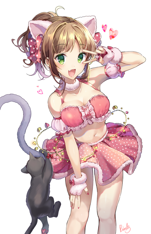 animal_ears bangs bare_shoulders blush breasts brown_hair cat cat_ears cat_tail chain cleavage collarbone commentary_request detached_collar extra_ears eyebrows_visible_through_hair fang fingerless_gloves gloves green_eyes hair_ribbon hand_gesture heart hips idolmaster idolmaster_cinderella_girls korean_commentary large_breasts looking_at_viewer maekawa_miku midriff navel open_mouth pinb pink_gloves pink_skirt ponytail ribbon short_hair signature simple_background skirt smile standing tail thighs v white_background
