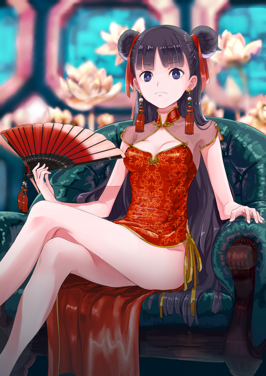 amayoshi armchair bangs black_hair blunt_bangs blurry breasts chair china_dress chinese_clothes cleavage_cutout crossed_legs depth_of_field double_bun dress earrings easy_chair fan flower folding_fan frown hair_ribbon highres holding holding_fan jewelry long_hair looking_at_viewer lotus original purple_eyes red_dress ribbon see-through shiny shiny_clothes short_sleeves side_slit sitting small_breasts solo tassel very_long_hair