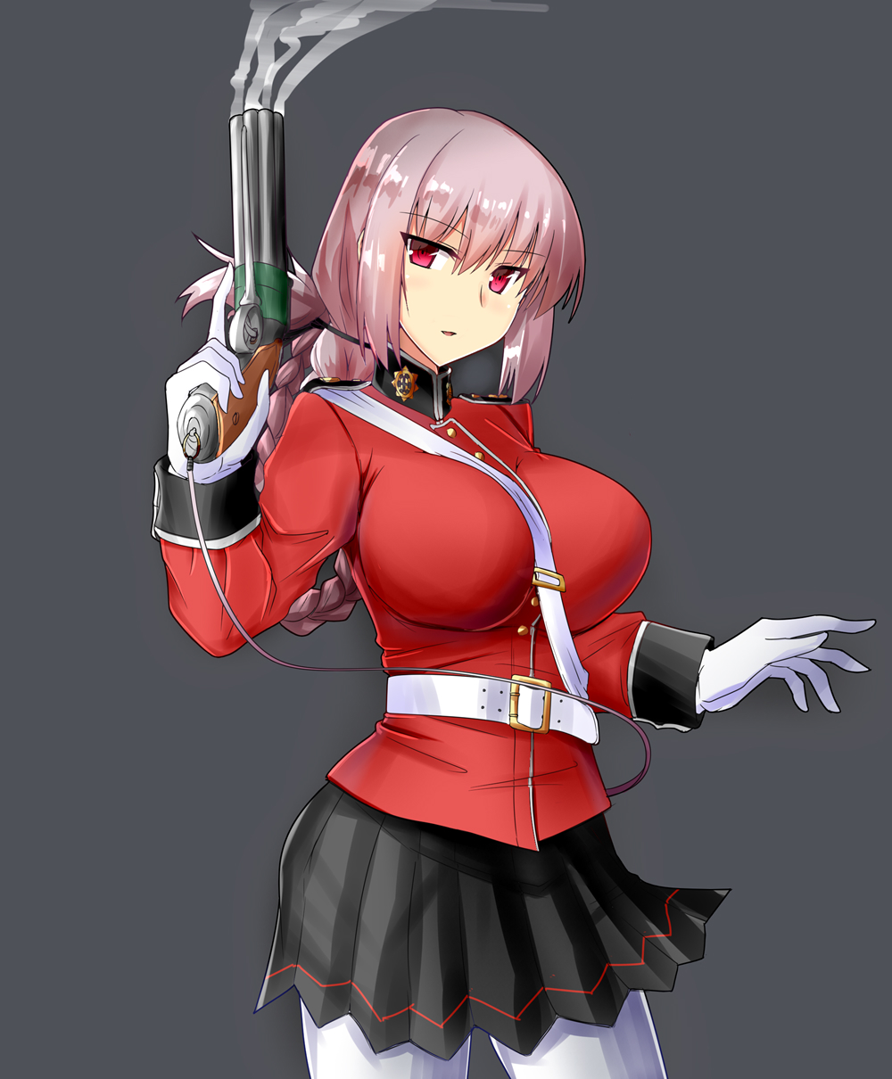 between_breasts braid breasts commentary_request fate/grand_order fate_(series) florence_nightingale_(fate/grand_order) gippo gloves gun handgun highres military military_uniform pantyhose pink_hair pistol red_eyes single_braid stethoscope strap_cleavage uniform weapon