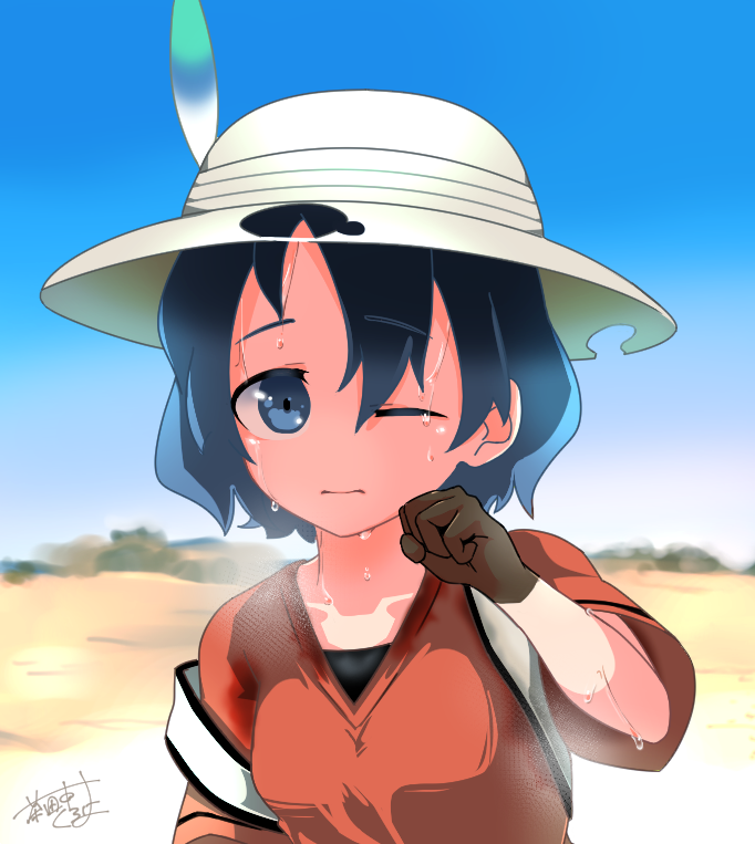 artist_name black_eyes black_gloves black_hair blue_sky commentary_request day dripping eyebrows_visible_through_hair gloves hat_feather hot kaban_(kemono_friends) kemono_friends looking_at_viewer one_eye_closed outdoors red_shirt satanaka_kuroha shirt short_hair short_sleeves signature sky solo striped_sleeves sweat upper_body