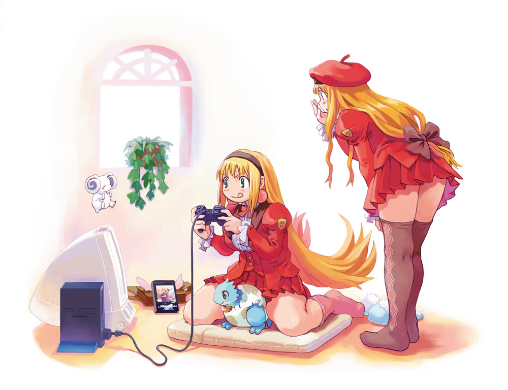 :q blonde_hair crea_rosenqueen game_console green_eyes hairband hand_on_own_face hat holding_controller juliet_sleeves kururu_(little_princess) leaning_forward little_princess long_hair long_sleeves low-tied_long_hair marl_kingdom multiple_girls no_shoes official_art pink_legwear playstation_2 pleated_skirt profile puffy_sleeves red_skirt ryoji_(nomura_ryouji) sitting skirt standing television thighhighs tongue tongue_out wariza window zettai_ryouiki