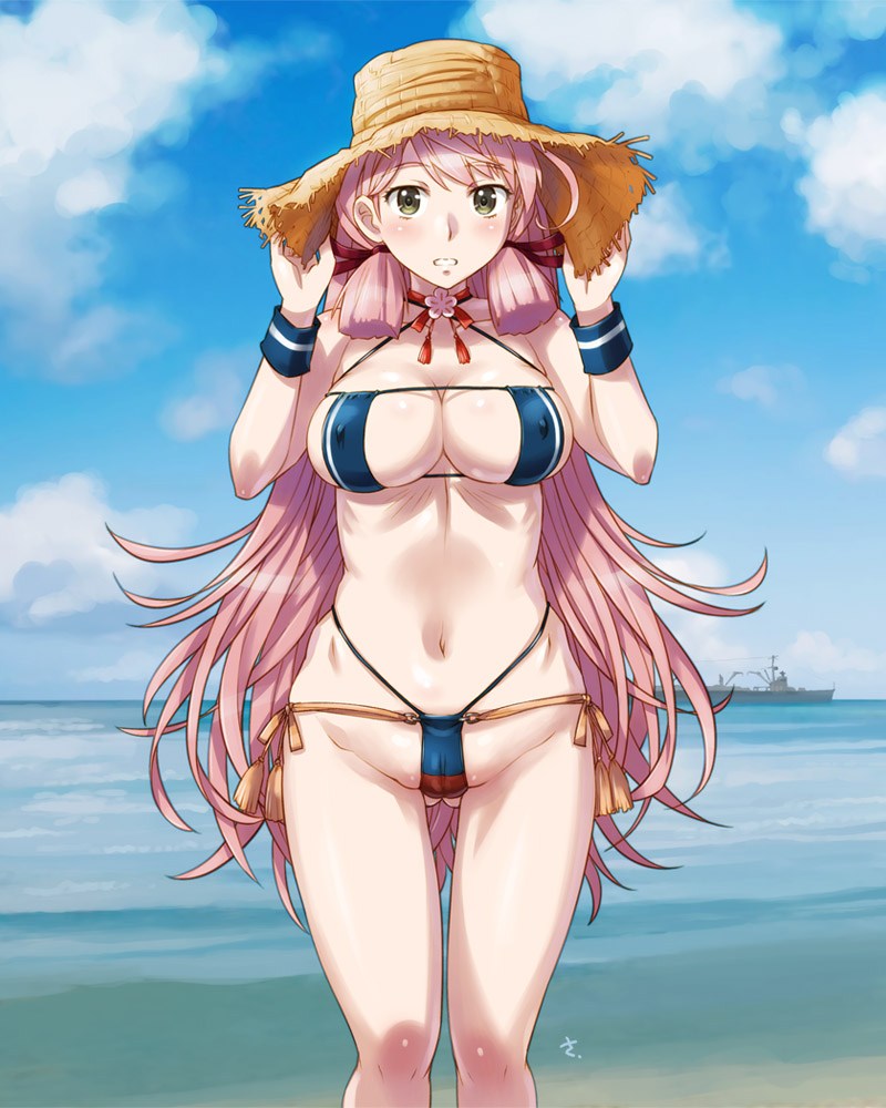 akashi_(kantai_collection) akashi_(repair_ship) ass_visible_through_thighs bikini blue_bikini blush breasts cameltoe cloud collarbone covered_nipples day eyebrows_visible_through_hair green_eyes groin hands_on_headwear hat kantai_collection large_breasts long_hair looking_at_viewer navel outdoors parted_lips pink_hair sameha_ikuya ship sky solo standing straw_hat sweatband swimsuit very_long_hair water watercraft