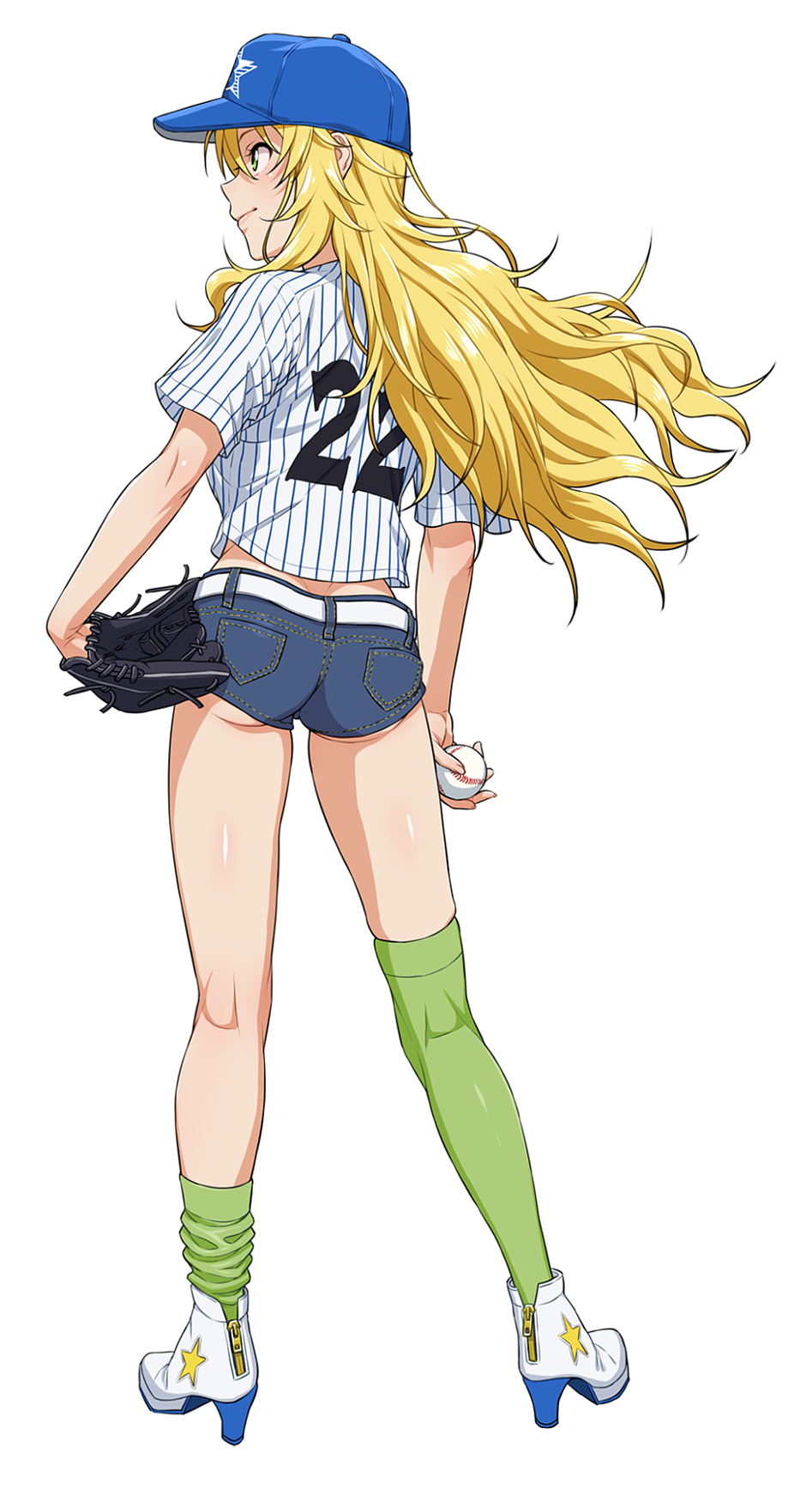 arm_at_side ass ball baseball baseball_cap baseball_mitt baseball_uniform belt blonde_hair blue_hat blue_shorts boots commentary_request contrapposto denim denim_shorts from_behind green_eyes green_legwear hand_on_hip hat high_heel_boots high_heels highres holding holding_ball hoshii_miki idolmaster idolmaster_(classic) kneepits long_hair looking_away looking_to_the_side loose_thighhigh micro_shorts nigou number shirt short_sleeves shorts simple_background skindentation solo sportswear standing star striped striped_shirt tareme thighhighs thighs vertical-striped_shirt vertical_stripes very_long_hair white_background white_belt white_footwear zipper