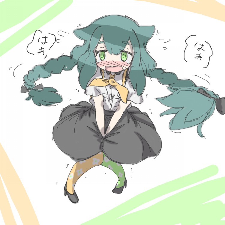 1girl between_legs black_bow black_footwear black_skirt blush bow braid embarrassed eyebrows_visible_through_hair female floral_print flying_sweatdrops full_body gatchaman_crowds green_eyes green_hair green_legwear hair_bow hair_ornament hand_between_legs hands_together have_to_pee heavy_breathing high_heels japanese_text jirene long_hair looking_at_viewer mismatched_legwear necktie nose_blush open_mouth pantyhose school_uniform shirt shoes short_sleeves simple_background skirt solo standing tears tied_hair translated trembling twin_braids twintails uniform utsutsu v_arms white_shirt yellow_legwear yellow_neckwear