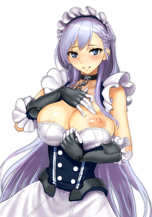 apron areolae azur_lane bangs belfast_(azur_lane) blush bow bow_panties braid breast_slip breasts breasts_outside censored chain cleavage closed_mouth collar collarbone commentary dress dress_tug elbow_gloves eyebrows_visible_through_hair french_braid frilled_gloves frills gloves hand_on_own_breast head_tilt kaeru large_breasts long_hair looking_at_viewer maid maid_headdress nipples panties parted_lips purple_eyes sidelocks silver_hair simple_background skindentation skirt skirt_lift smile solo standing underwear white_background white_gloves white_legwear