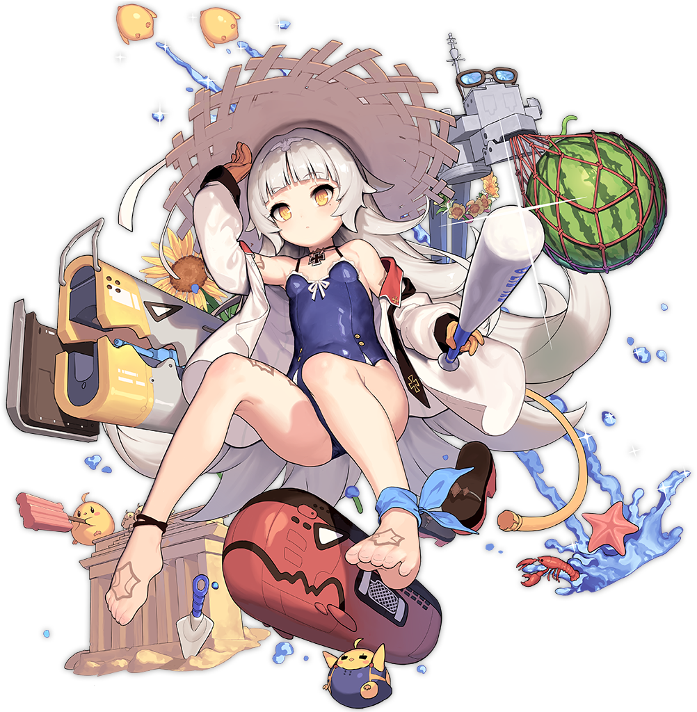 anklet azur_lane bare_legs barefoot baseball_bat blush boombox brown_gloves brown_hair closed_mouth eyebrows_visible_through_hair food fruit full_body gloves hat headpiece holding_baseball_bat iron_cross jewelry lobster long_hair looking_at_viewer mole mole_under_eye official_art shovel solo starfish straw_hat sunglasses swimsuit transparent_background tsliuyixin watermelon yellow_eyes z46_(azur_lane)