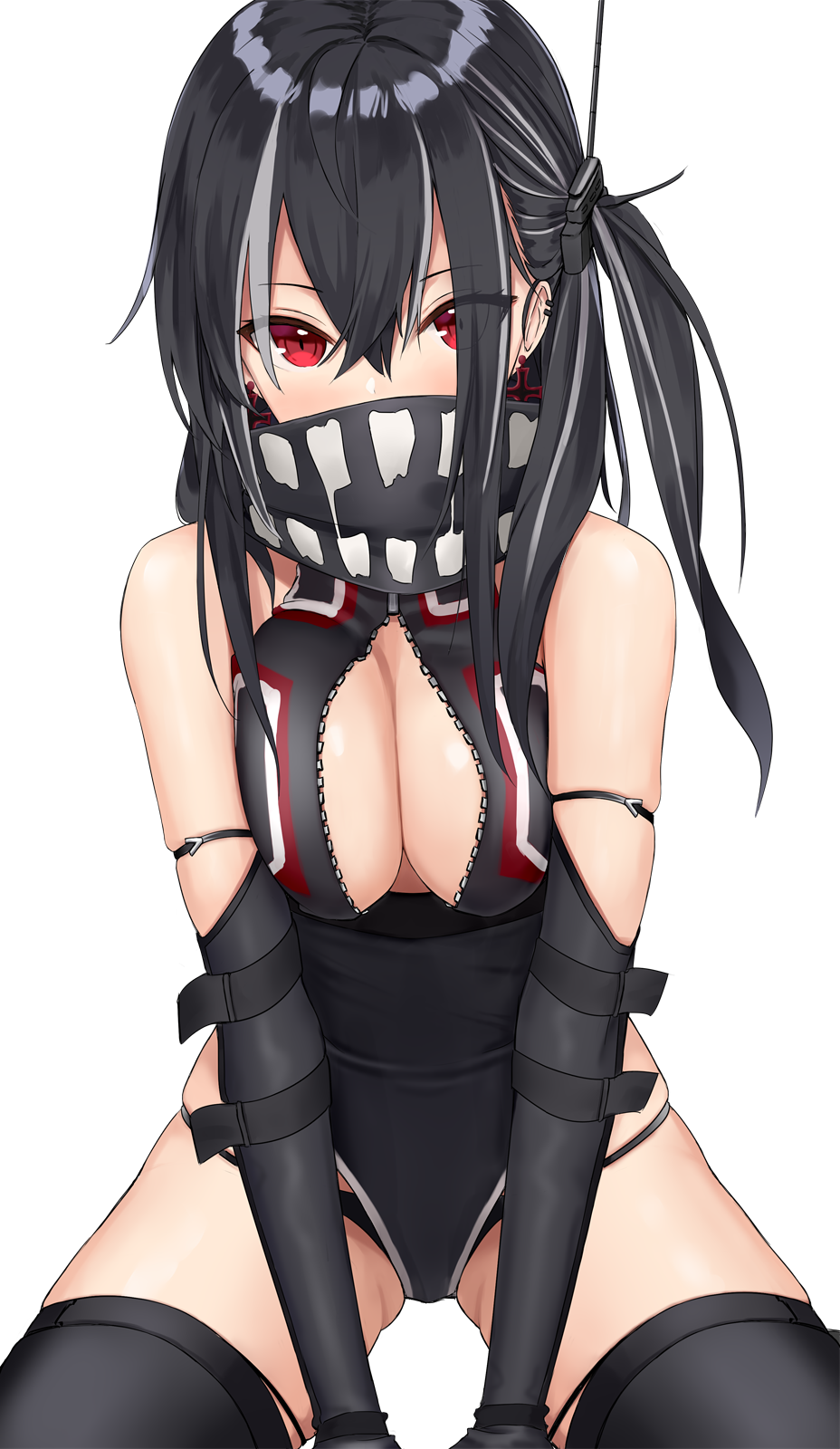 :o arm_strap ass_visible_through_thighs azur_lane bangs bare_shoulders between_legs black_gloves black_hair black_legwear black_panties blush breasts cleavage cleavage_cutout commentary_request covered_mouth cowboy_shot cross cross_earrings crossed_bangs dated earrings elbow_gloves eyebrows_visible_through_hair eyes_visible_through_hair front_zipper_swimsuit gloves hair_between_eyes hair_ornament hand_between_legs head_tilt headgear highres iron_cross jewelry kinokorec large_breasts leaning_forward leotard long_hair looking_at_viewer meme_attire multicolored_hair no_bra one-piece_swimsuit one_side_up open_mouth panties red_eyes scarf sidelocks signature simple_background skindentation solo streaked_hair swimsuit thighhighs thighs u-47_(azur_lane) underwear unzipped white_background white_hair