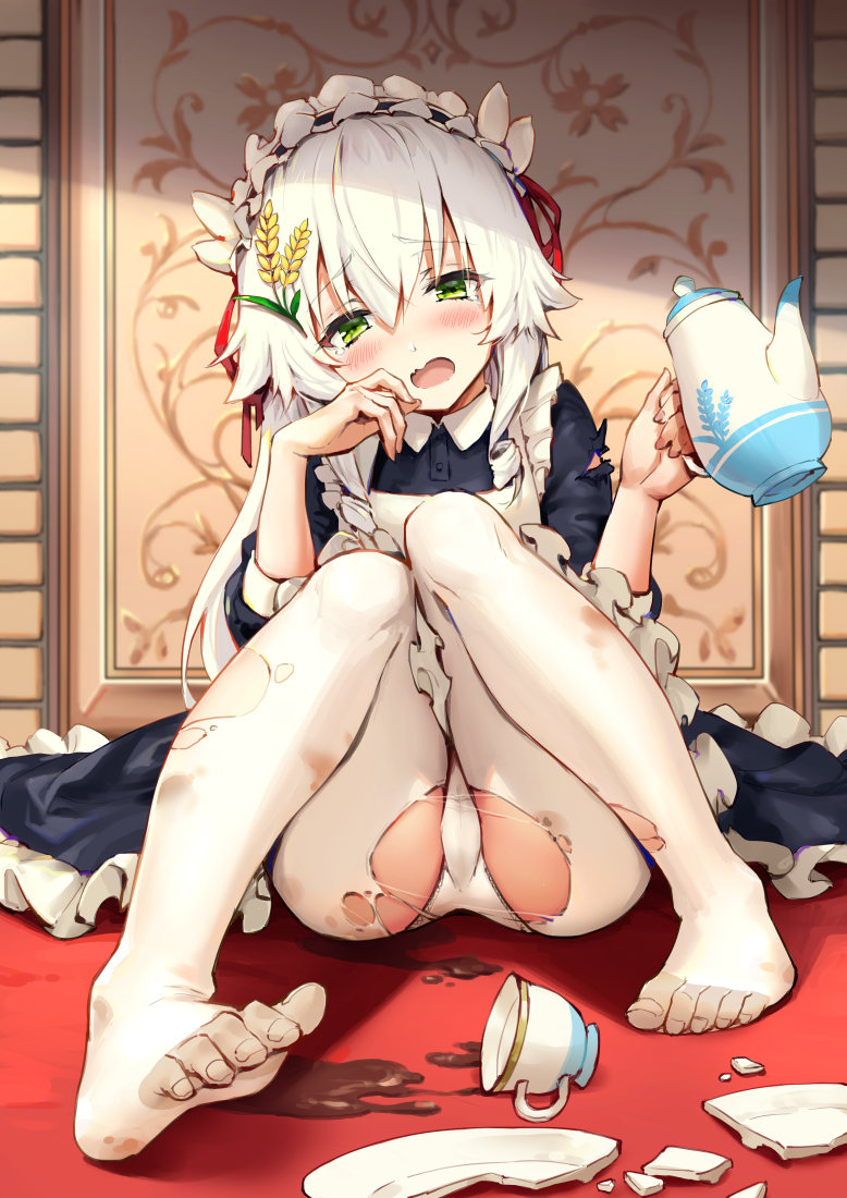 bangs blush broken_plate cameltoe cup dong-jin_rice-hime dress eyebrows_visible_through_hair feet frilled_dress frills full_body green_eyes hair_ornament hair_ribbon haoni head_tilt holding indoors knees_together_feet_apart knees_up long_hair looking_at_viewer maid maid_headdress on_floor open_mouth panties pantyhose ribbon sitting solo spill suiji teapot tearing_up tears torn_clothes torn_dress torn_legwear underwear white_hair white_legwear white_panties