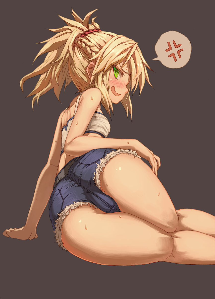 anger_vein arm_support ass bandeau bangs bare_legs bare_shoulders bell black_background blonde_hair blush braid cameltoe commentary_request cutoffs denim denim_shorts fate/apocrypha fate_(series) feet_out_of_frame french_braid from_behind from_below green_eyes hair_ornament hair_scrunchie highres kneepits long_hair looking_at_viewer looking_back midriff mordred_(fate) mordred_(fate)_(all) open_mouth osabachan pocket ponytail profile red_scrunchie scrunchie shiny shiny_hair short_shorts shorts sideways_mouth simple_background solo speech_bubble spoken_anger_vein sweat thighs tsurime v-shaped_eyebrows