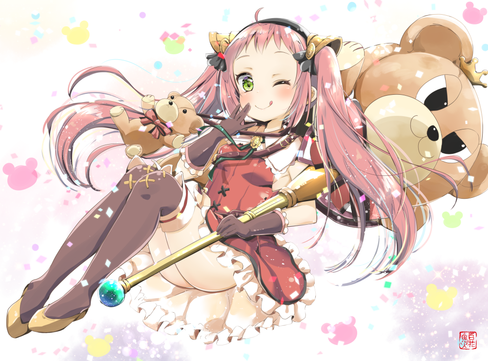 ;q ass black_gloves blush boots breasts character_request commentary_request gloves green_eyes hair_ornament headband hyakka_onibi long_hair looking_at_viewer one_eye_closed pink_hair princess_connect! princess_connect!_re:dive small_breasts staff stuffed_animal stuffed_toy teddy_bear thigh_boots thighhighs tongue tongue_out twintails