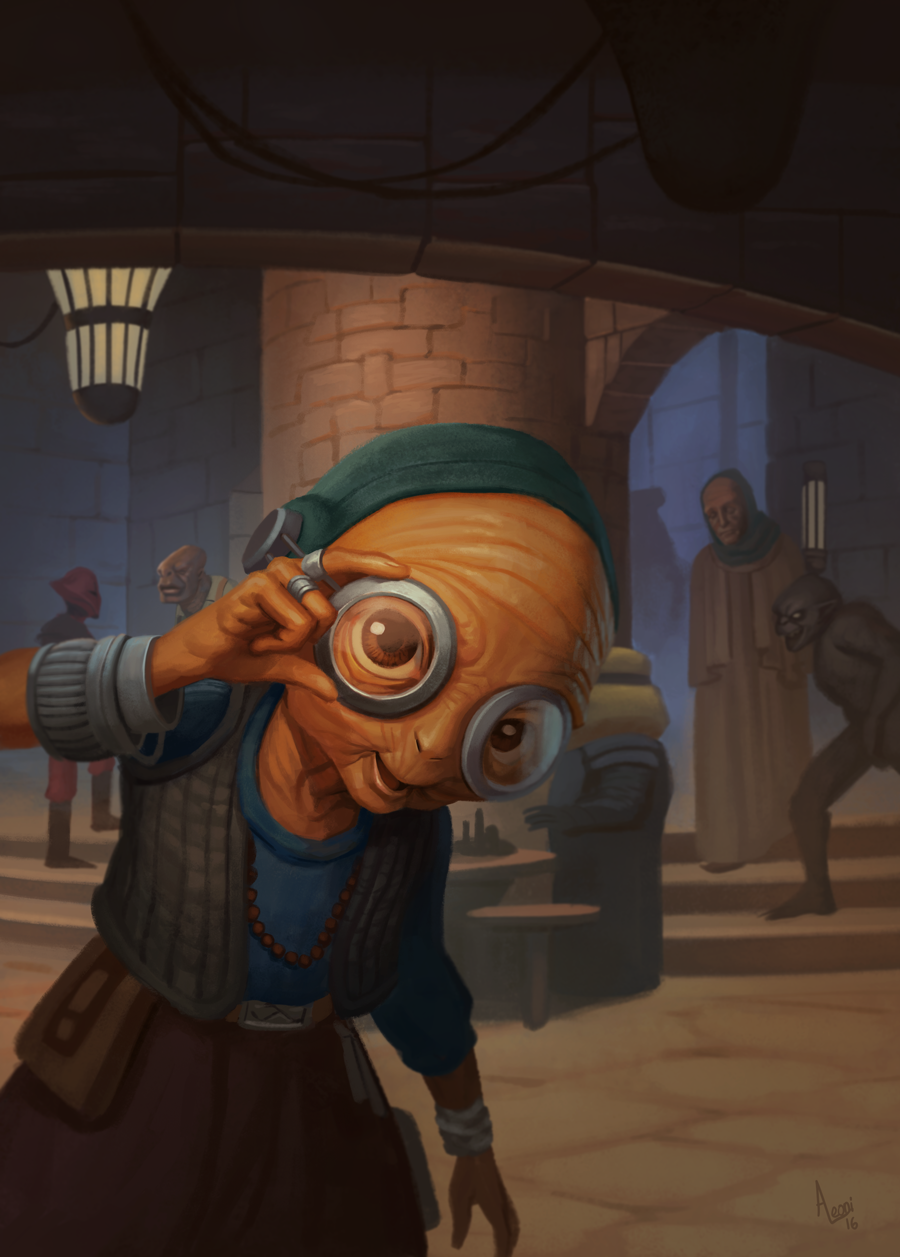 alexandre_leoni alien artist_name bracelet brown_eyes faceless faceless_male glasses hat helmet highres jewelry lamp maz_kanata necklace non-anime_related open_mouth ring science_fiction solo_focus star_wars star_wars:_the_force_awakens yellow_skin