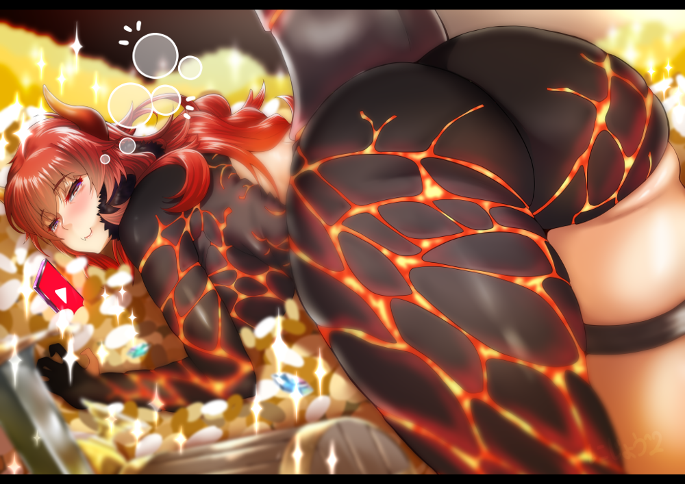 1girl all_fours artist_request ass bangs breasts collar doora_(nijisanji) dragon_girl dragon_tail high_collar horns huge_ass large_breasts long_hair looking_at_viewer looking_back naughty_face nijisanji red_eyes red_hair shiny shiny_hair shiny_skin smile solo tail top-down_bottom-up virtual_youtuber