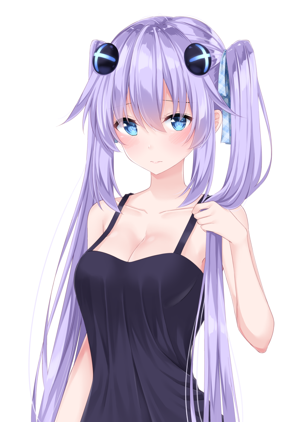 alternate_costume alternate_hairstyle bare_shoulders black_dress blue_eyes blush breasts checkered checkered_ribbon cleavage collarbone commentary_request d-pad d-pad_hair_ornament dress hair_between_eyes hair_ornament hair_ribbon highres holding holding_hair long_hair looking_at_viewer medium_breasts neptune_(series) power_symbol purple_hair purple_heart ribbon shikapiro simple_background solo symbol-shaped_pupils twintails upper_body very_long_hair white_background