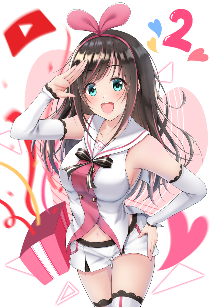 a.i._channel anniversary aqua_eyes bad_id bad_pixiv_id blush breasts brown_hair cleavage collarbone commentary denpa_(denpae29) elbow_gloves eyebrows_visible_through_hair gloves hair_ornament hairband highres kizuna_ai long_hair looking_at_viewer medium_breasts multicolored_hair navel open_mouth pink_hair salute short_shorts shorts smile solo two-tone_hair v virtual_youtuber