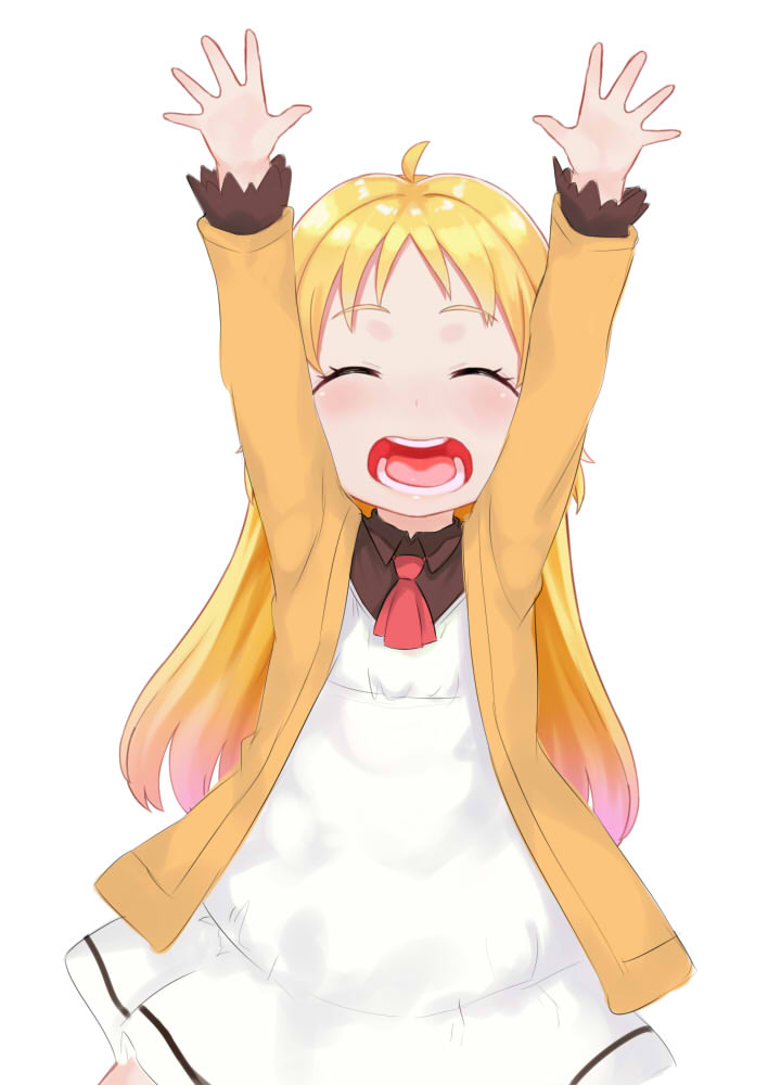 :d ^_^ arms_up ascot atg_(wttoo0202) blonde_hair charlotte_izoard child closed_eyes dress happy long_hair long_sleeves open_mouth red_neckwear ryuuou_no_oshigoto! simple_background smile solo white_background white_dress