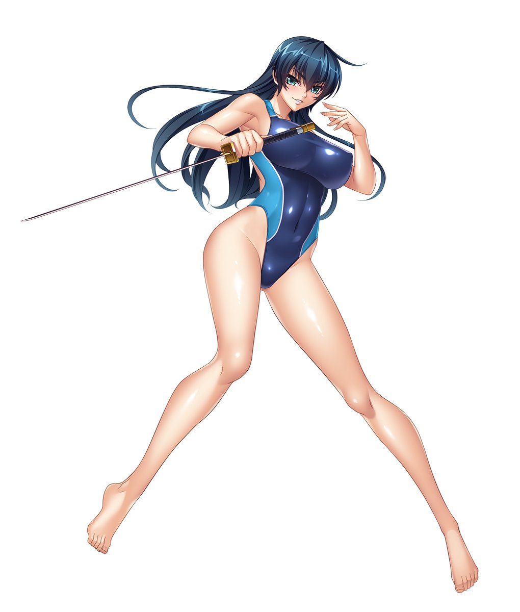 bangs bare_legs bare_shoulders barefoot blue_hair breasts closed_mouth commentary_request competition_swimsuit covered_navel covered_nipples fingernails full_body green_eyes highres holding holding_sword holding_weapon igawa_asagi kagami_hirotaka large_breasts long_hair looking_at_viewer official_art one-piece_swimsuit parted_lips reverse_grip shiny shiny_clothes shiny_skin simple_background solo swimsuit sword taimanin_(series) taimanin_asagi thighs weapon white_background
