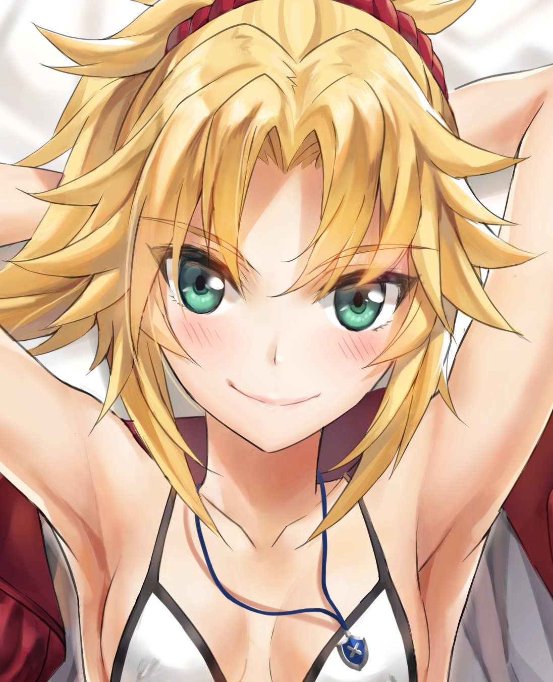 aqua_eyes armpits arms_up bikini_top blonde_hair blush breasts closed_mouth collarbone commentary_request fate/grand_order fate_(series) highres jewelry looking_at_viewer messy_hair mordred_(fate)_(all) necklace ponytail sidelocks small_breasts smile solo tonee upper_body white_bikini_top