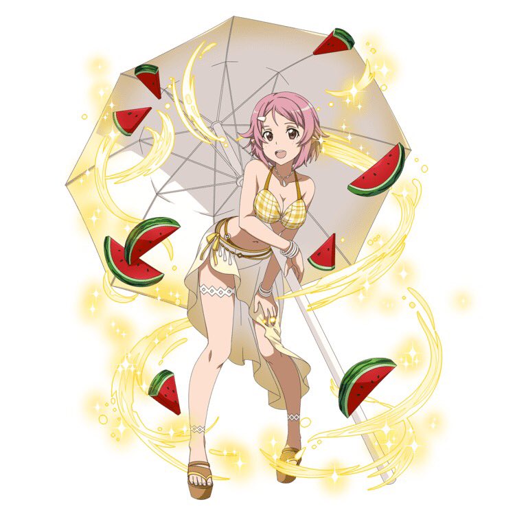 :d bangs breasts cleavage collarbone food fruit full_body hair_ornament hairclip hand_on_lap jewelry leaning_forward lisbeth lisbeth_(sao-alo) looking_at_viewer medium_breasts navel necklace official_art open_mouth parasol parted_bangs pink_eyes pink_hair pointy_ears sarong short_hair simple_background smile solo standing sword_art_online sword_art_online:_code_register thigh_strap umbrella watermelon white_background yellow_bikini_top