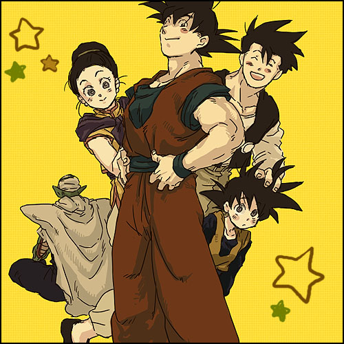 4boys ^_^ black_border black_hair blush_stickers border brothers cape chi-chi_(dragon_ball) closed_eyes couple crossed_legs dougi dragon_ball dragon_ball_z earrings eyebrows_visible_through_hair facing_away family father_and_son fingernails floating hand_on_another's_head hand_on_hip happy hetero jewelry looking_at_viewer lowres mother_and_son multiple_boys nitako open_mouth piccolo pointy_ears short_hair siblings simple_background smile son_gohan son_gokuu son_goten spiked_hair standing star tied_hair turban wristband yellow_background