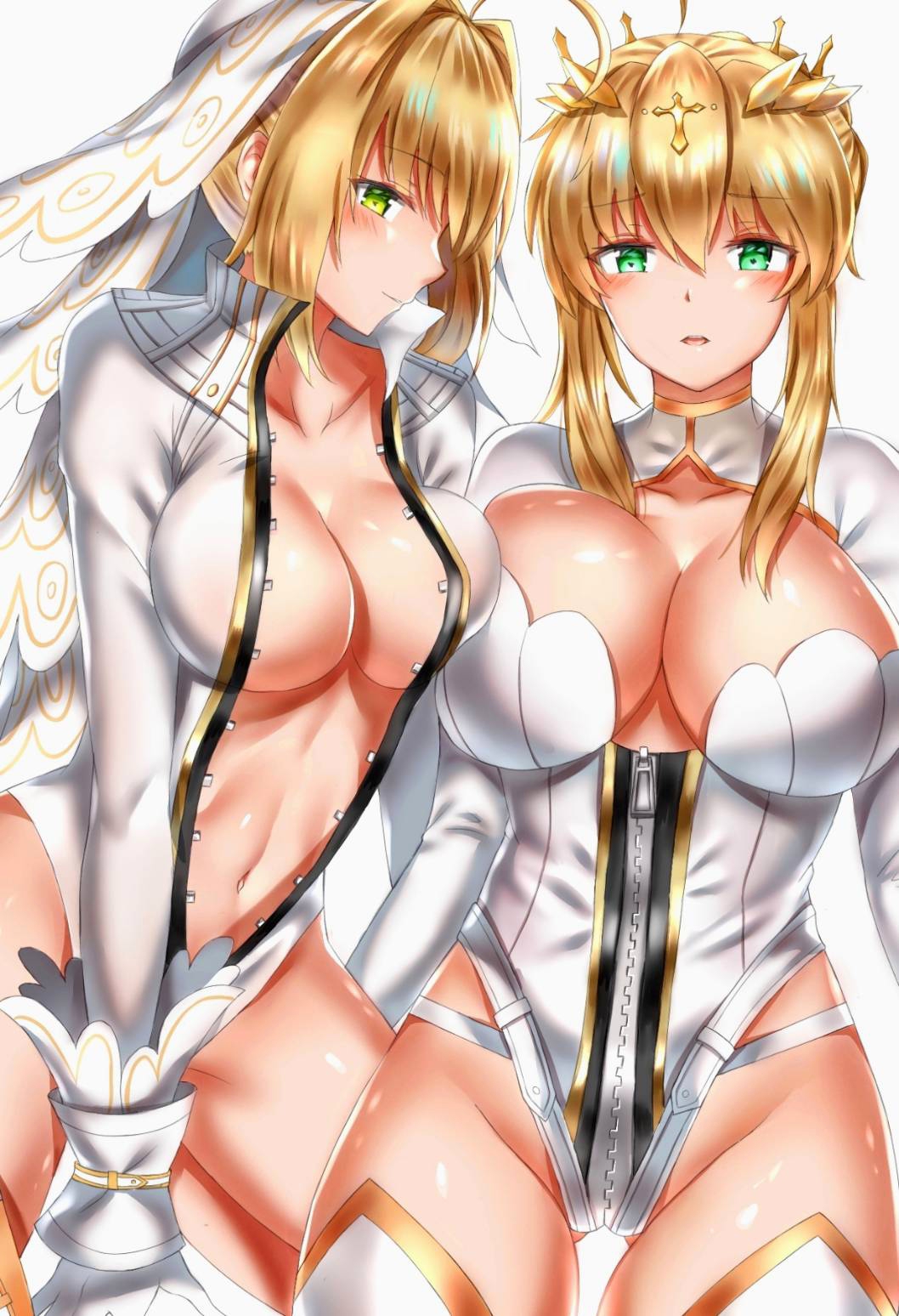 ahoge alternate_costume artoria_pendragon_(all) artoria_pendragon_(lancer) asymmetrical_docking bangs blonde_hair blush braid breast_press breasts bridal_veil center_opening cleavage cleavage_cutout collarbone commentary cosplay crown eyebrows_visible_through_hair farys_(afopahqfw) fate/extra fate/extra_ccc fate/grand_order fate_(series) french_braid full-length_zipper green_eyes hair_between_eyes hair_bun hair_intakes highleg highleg_leotard highres hips large_breasts leotard long_hair looking_at_viewer multiple_girls navel nero_claudius_(bride)_(fate) nero_claudius_(bride)_(fate)_(cosplay) nero_claudius_(fate)_(all) open_mouth parted_lips sidelocks simple_background smile thighhighs thighs veil white_background white_legwear white_leotard wrist_cuffs zipper zipper_pull_tab