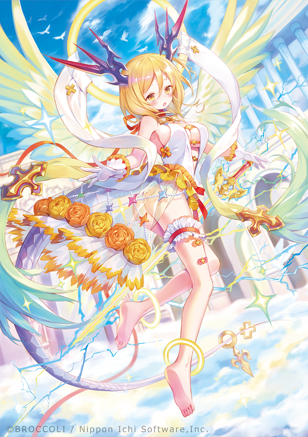 :o angel_wings anklet arch ass barefoot bird blonde_hair blue_sky blush breasts cleavage column day dragon feet flower full_body gloves halo headpiece ibara_riato jewelry leg_garter looking_at_viewer medium_breasts official_art open_mouth orange_flower outdoors pillar see-through short_hair sideboob sky soles solo sparkle tail watermark white_gloves wings yellow_eyes z/x