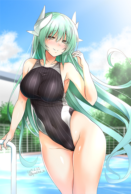 bangs bare_shoulders black_swimsuit blue_sky blush breasts cleavage closed_mouth collarbone commentary competition_swimsuit covered_navel day dragon_girl dragon_horns eyebrows_visible_through_hair fate/grand_order fate_(series) green_hair highleg highleg_swimsuit hips horns kirisaki_byakko kiyohime_(fate/grand_order) large_breasts long_hair looking_at_viewer one-piece_swimsuit outdoors pool poolside sky smile solo striped striped_swimsuit swimsuit thighs tree vertical_stripes yellow_eyes