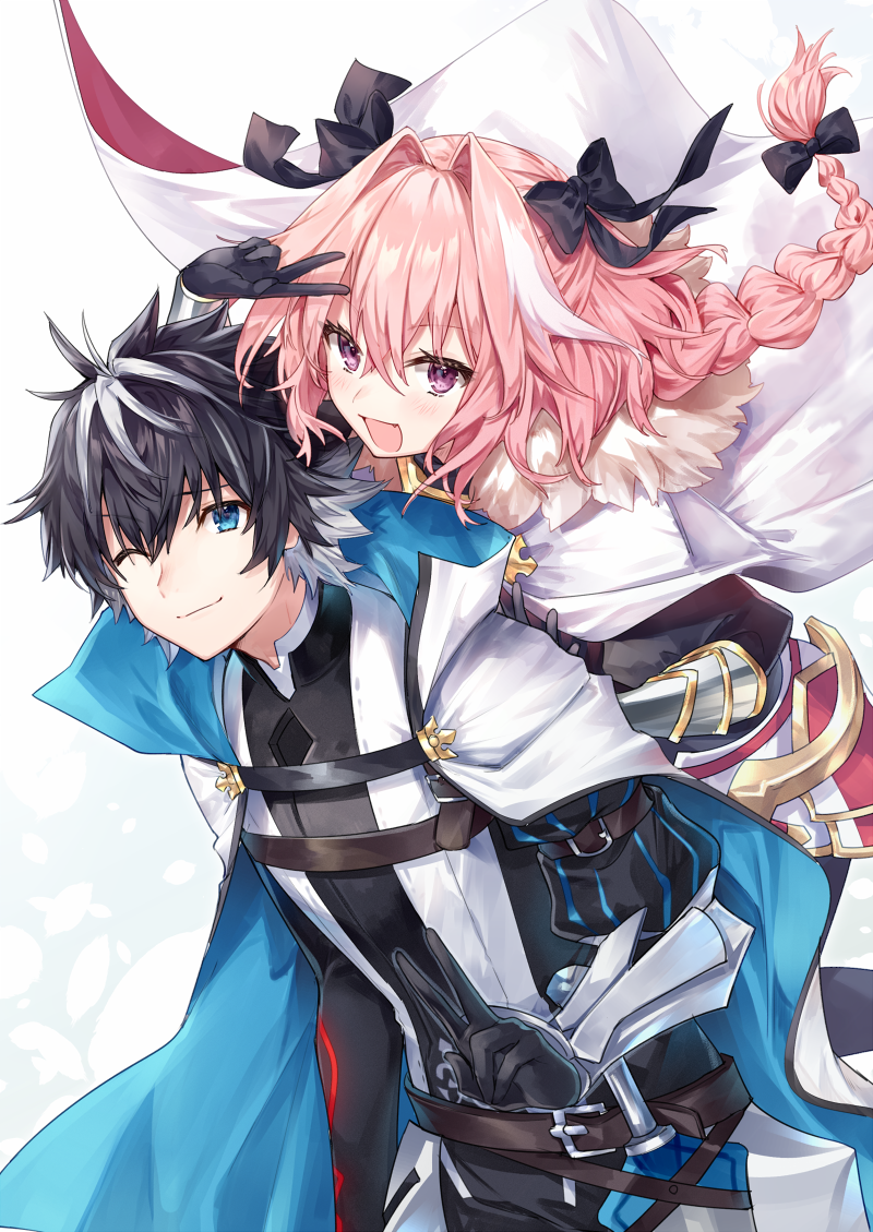 :d arm_up armor astolfo_(fate) bangs belt belt_buckle black_bow black_gloves black_hair black_legwear black_ribbon black_shirt blue_cloak blue_eyes blush bow braid brown_belt buckle cape charlemagne_(fate) closed_mouth commentary_request eyebrows_visible_through_hair fate/extella_link fate/extra fate_(series) faulds glomp gloves grey_hair hair_between_eyes hair_bow hair_intakes hair_ribbon high_collar hug long_hair looking_at_viewer male_focus multicolored_hair multiple_boys one_eye_closed open_mouth otoko_no_ko pantyhose pink_hair puffy_sleeves purple_eyes red_cape ribbon shiny shiny_hair shirt simple_background single_braid smile spiked_hair standing streaked_hair two-tone_hair v vambraces white_background white_cape white_cloak white_hair white_shirt yuya_(night_lily)