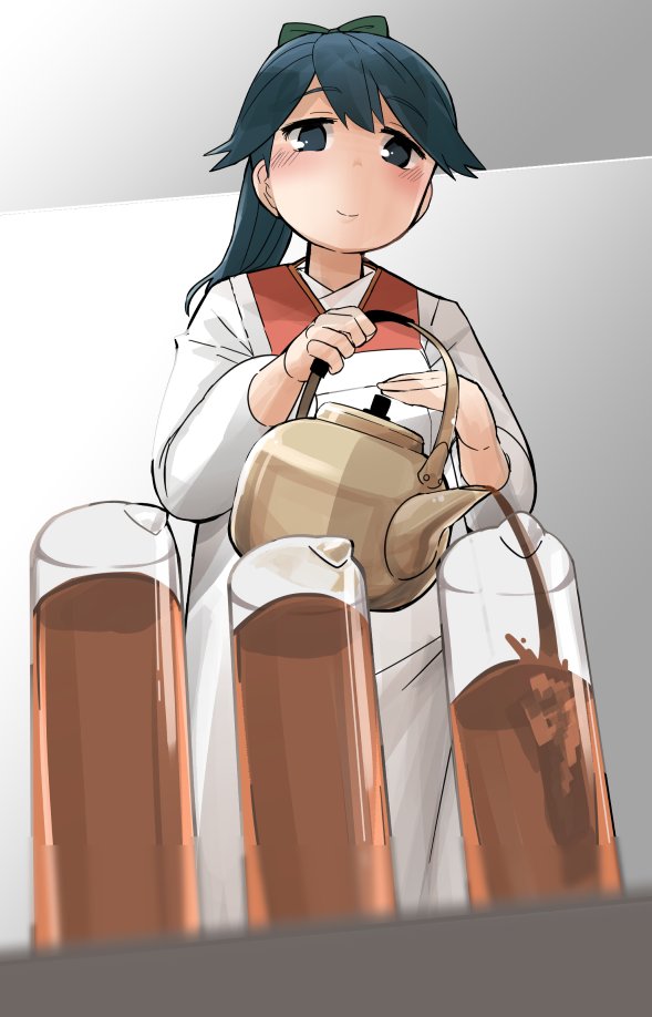 barley_tea black_eyes black_hair commentary_request cowboy_shot cup drinking_glass from_below houshou_(kantai_collection) japanese_clothes kantai_collection kettle kimono koharuko_(khrkhrk) long_hair ponytail pouring smile solo