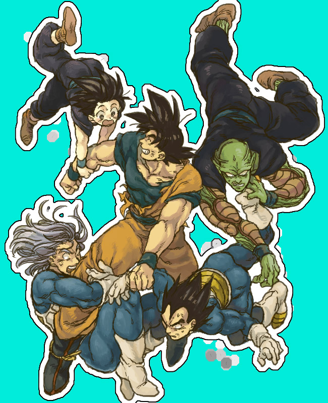 antennae armor black_hair blue_background boots closed_eyes d: dougi dragon_ball dragon_ball_z falling father_and_son gloves male_focus multiple_boys nervous nitako open_mouth piccolo scared short_hair simple_background smile son_gohan son_gokuu spiked_hair surprised sweatdrop teeth torn_clothes trunks_(dragon_ball) vegeta wide-eyed wristband
