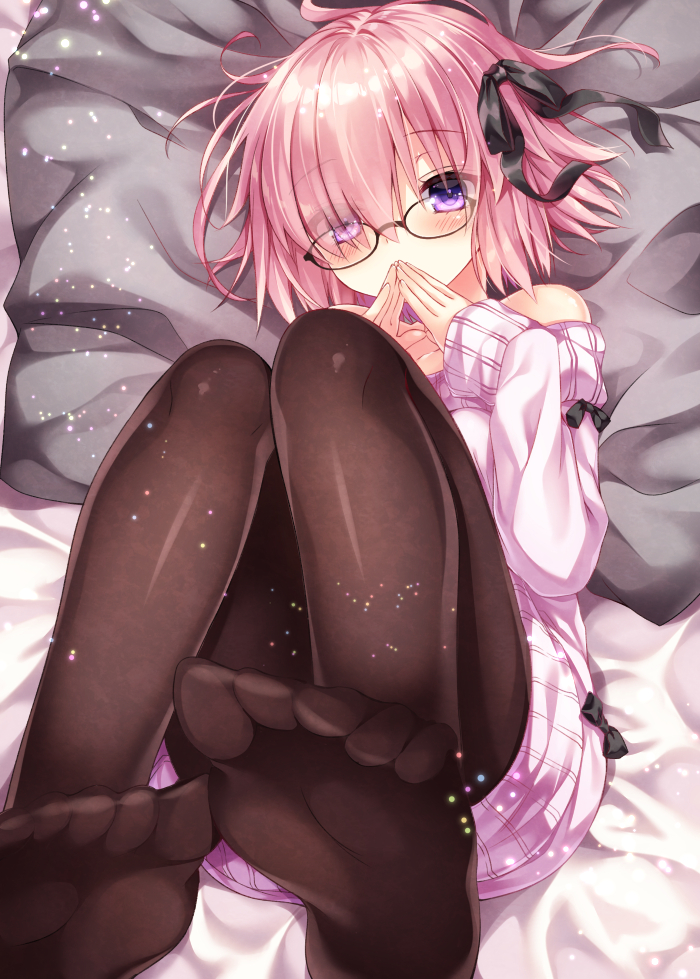 bare_shoulders bed_sheet black-framed_eyewear black_bow black_legwear black_ribbon blush bow commentary_request eyebrows_visible_through_hair eyes_visible_through_hair fate/grand_order fate_(series) feet glasses grey_pillow hair_over_one_eye hair_ribbon long_sleeves mash_kyrielight no_shoes nogi_takayoshi pantyhose pillow pink_hair pink_sweater purple_eyes ribbon short_hair soles solo sweater toes