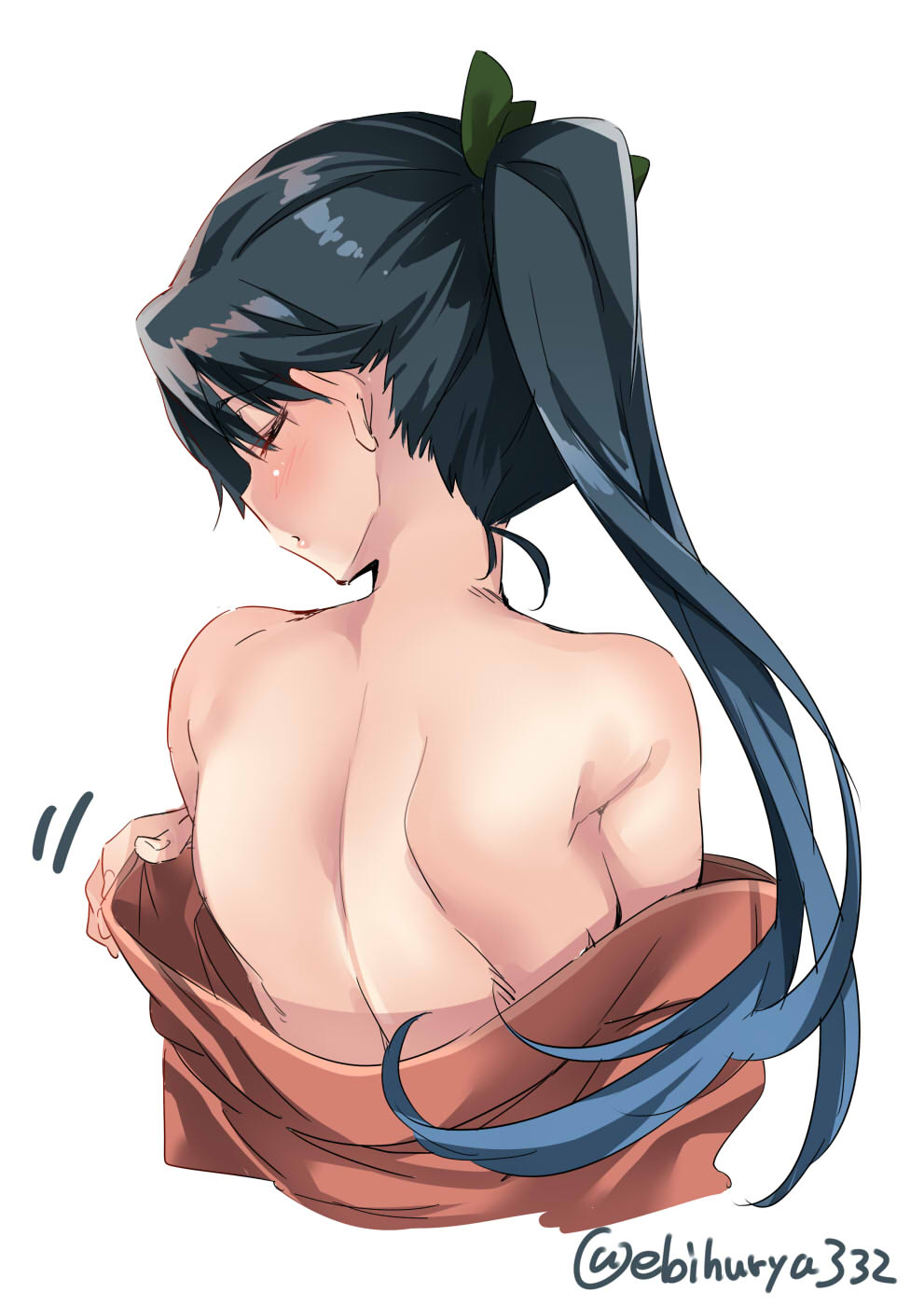bad_anatomy black_hair blush closed_eyes commentary ebifurya from_behind hair_between_eyes highres houshou_(kantai_collection) japanese_clothes kantai_collection kimono long_hair ponytail shoulder_blades simple_background twitter_username undressing upper_body white_background