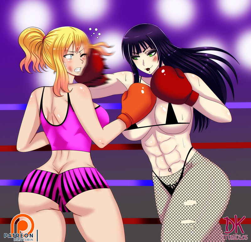 2girls abs ass blonde_hair blue_eyes boxing boxing_gloves boxing_ring breasts cleavage clenched_teeth curvy dkstudios05 fishnet_pantyhose green_eyes large_breasts long_hair multiple_girls open_mouth panties patreon punching punk_girl_(dkstudios05) purple_hair rich_girl_(dkstudios05) thick_thighs thong underwear