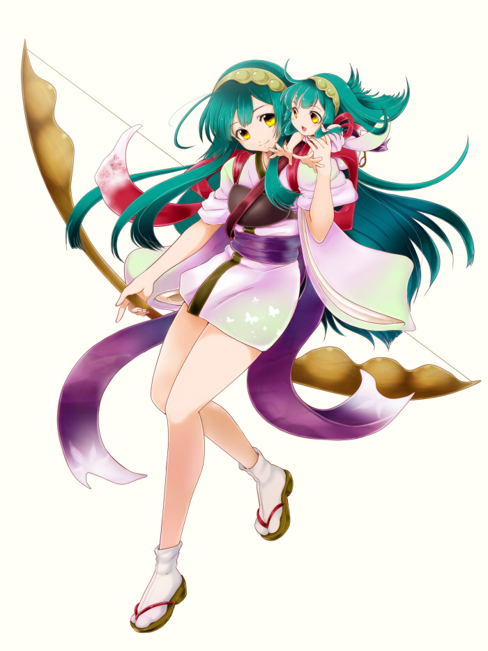 :d animal_print aqua_hair bangs bare_arms bow_(weapon) butterfly_print chibi closed_mouth full_body geta green_hairband hairband holding holding_bow_(weapon) holding_weapon japanese_clothes koshi_(meermisa) long_hair multiple_girls muneate open_mouth sash short_sleeves simple_background smile tabi touhoku_zunko vocaloid voiceroid weapon white_background white_legwear yellow_eyes