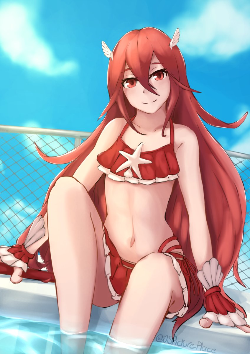 1girl bare_shoulders bikini bikini_lift blue_sky cloud collarbone day eyebrows_visible_through_hair female fingerless_gloves fire_emblem fire_emblem:_kakusei fire_emblem_heroes gloves hair_ornament highres jspictureplace lifted_by_self long_hair looking_at_viewer matching_hair/eyes navel outdoors pool red_bikini red_eyes red_gloves red_hair shell shiny shiny_hair shiny_skin shy sky smile solo standing star swimsuit tiamo winged_hair_ornament