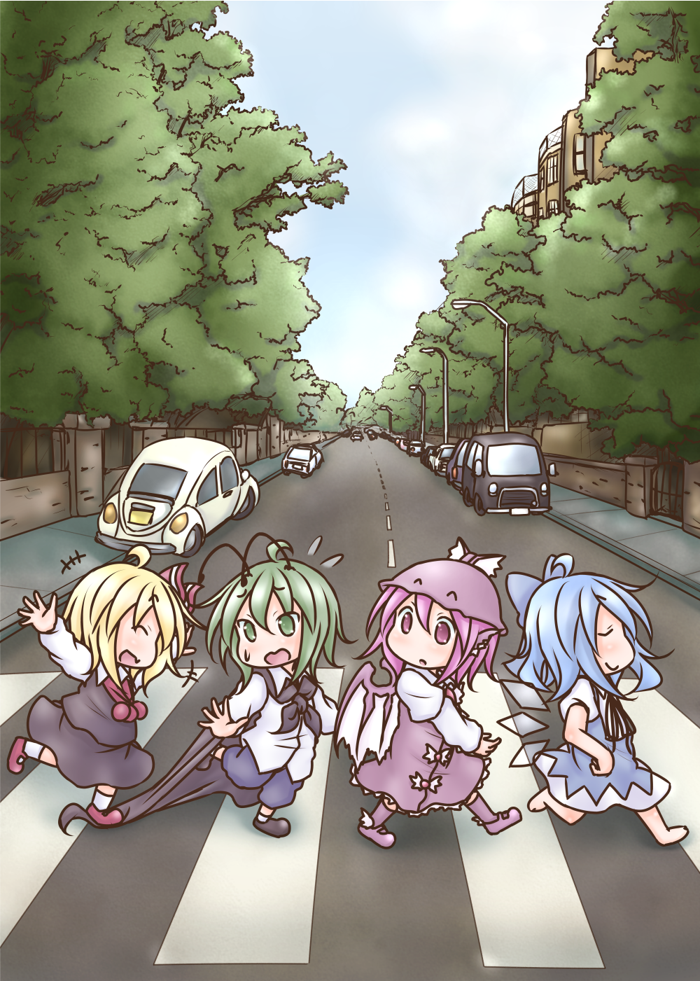 4girls abbey_road ahoge antenna_hair barefoot bird_wings black_cape black_skirt black_vest blonde_hair blue_dress blue_hair blue_shorts brick_wall cape car chibi cirno closed_eyes commentary_request crosswalk day dress eyebrows_visible_through_hair eyebrows_visible_through_hat facing_another flying_sweatdrops green_eyes green_hair ground_vehicle hair_between_eyes hands_on_hips hat head_tilt highres kneehighs lamppost lavender_dress lavender_footwear lavender_legwear long_sleeves looking_at_another looking_back motor_vehicle multiple_girls mystia_lorelei open_mouth outdoors outstretched_arms pink_eyes pink_hair puffy_short_sleeves puffy_sleeves red_footwear red_neckwear road rumia shirt short_hair short_sleeves shorts sidewalk skirt skirt_set smile spread_arms standing standing_on_one_leg stepping_on_clothes takanoru team_9 the_beatles touhou untucked_shirt vanishing_point vest volkswagen_beetle walking wardrobe_malfunction white_legwear white_shirt wings wriggle_nightbug