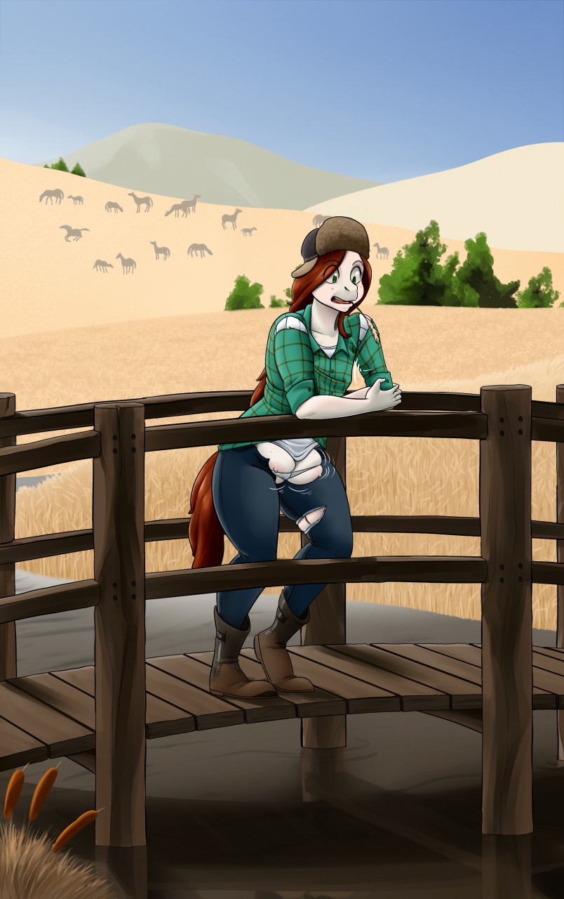 anthro areola big_teats boots bridge clothed clothing cyrus_physhor disney equine female flat_chested footwear gravity_falls green_eyes hair hat horse long_hair mammal nipples open_pants outside pants river solo teats torn_clothing underwear water wendy_corduroy