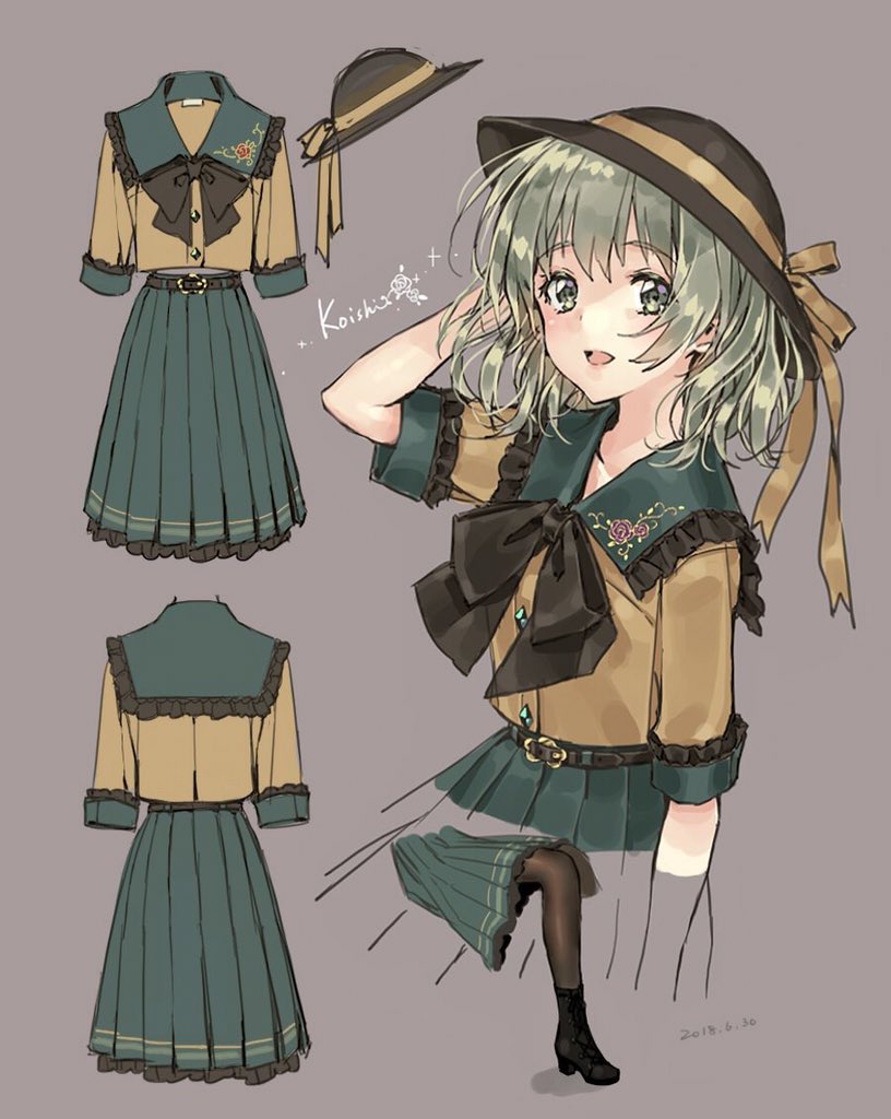 adapted_costume arm_up belt black_bow black_legwear blouse boots bow character_name commentary_request dated green_eyes green_hair green_skirt grey_background hat hat_ribbon jiinyo_(awamoe1207) komeiji_koishi pleated_skirt ribbon sailor_collar school_uniform short_sleeves simple_background skirt solo touhou yellow_ribbon