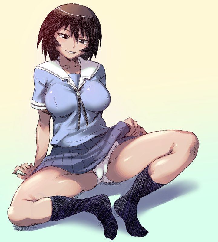 azumanga_daiou black_legwear blue_serafuku blue_skirt brown_eyes brown_hair e_keroron full_body kagura_(azumanga_daiou) kneehighs looking_at_viewer panties pantyshot pantyshot_(sitting) pleated_skirt sailor_collar school_uniform serafuku short_hair simple_background sitting skirt solo tan underwear white_background white_panties white_sailor_collar