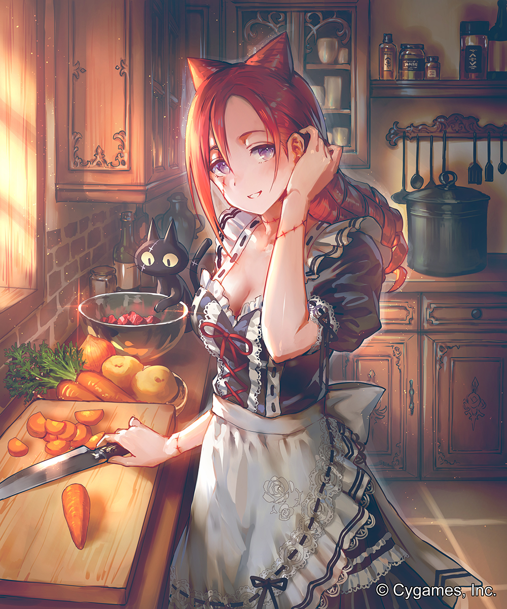 apron black_cat black_dress bottle bowl breasts brick_wall brown_hair cabinet carrot cat ceres_(shingeki_no_bahamut) company_name cutting_board cygames dress facial_scar food from_side hair_between_eyes head_tilt highres indoors jar kitchen knife long_hair looking_at_viewer medium_breasts official_art okada_manabi onion parted_lips pot potato puffy_short_sleeves puffy_sleeves purple_eyes ribbon-trimmed_clothes ribbon_trim scar shingeki_no_bahamut short_sleeves smile spatula standing sunlight tile_floor tiles waist_apron watermark white_apron yellow_sclera