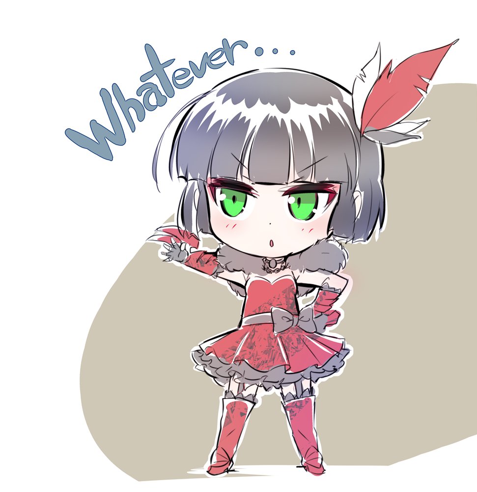 black_hair boots chibi claw_(weapon) commentary detached_sleeves dress english english_commentary feathers fingerless_gloves garter_straps gloves green_eyes iesupa miltiades_malachite red_dress rwby rwby_chibi solo weapon