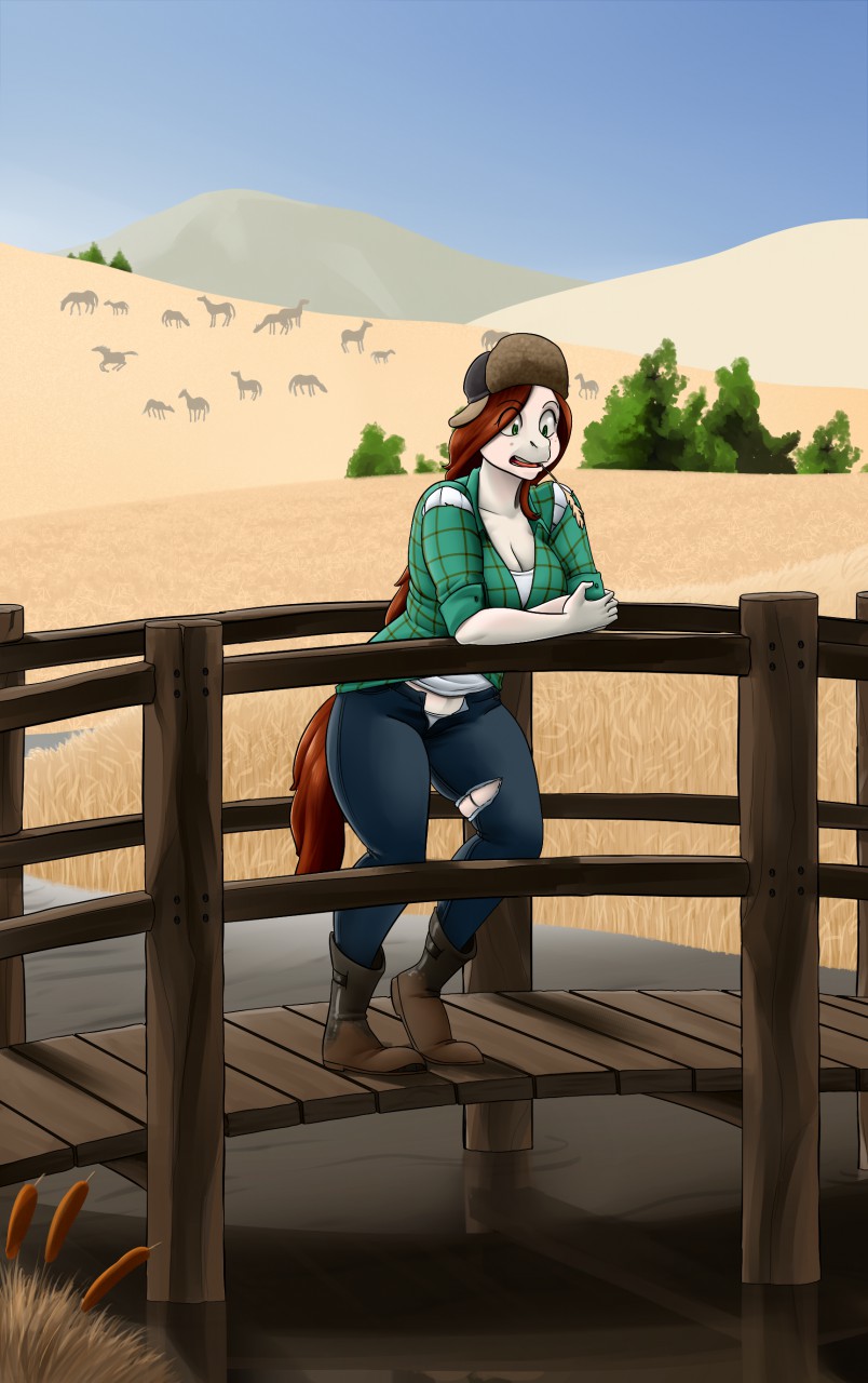 anthro big_breasts boots breasts bridge cleavage clothed clothing cyrus_physhor disney equine female footwear gravity_falls green_eyes hair hat horse long_hair mammal open_pants outside pants river solo torn_clothing underwear water wendy_corduroy