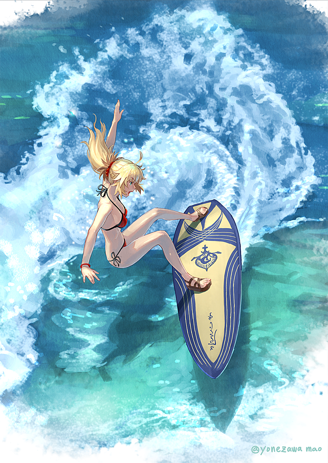 bikini blonde_hair bracelet braid breasts commentary_request fate/grand_order fate_(series) french_braid full_body green_eyes highres jewelry long_hair medium_breasts mordred_(fate)_(all) mordred_(swimsuit_rider)_(fate) ocean outstretched_arms ponytail prydwen red_bikini sandals side-tie_bikini solo surfboard surfing swimsuit water waves yonezawa_mao