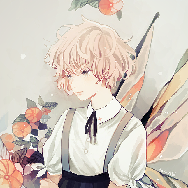 1girl artist_name black_neckwear butterfly_wings collared_shirt eyebrows_visible_through_hair flower hair_between_eyes leaf light_brown_hair original red_flower shirt short_hair short_sleeves signature solo tofuvi upper_body white_shirt wings