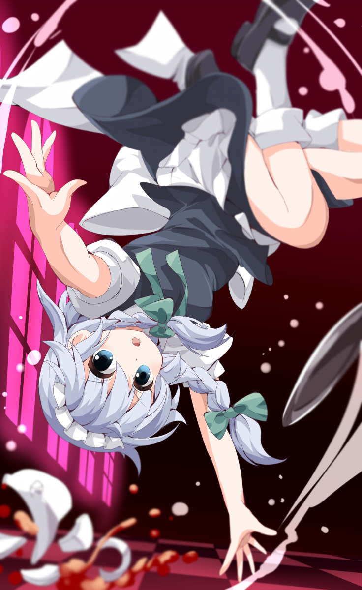 apron black_dress black_footwear blue_eyes blurry blush bobby_socks bow braid broken broken_cup checkered checkered_floor commentary_request cup depth_of_field dress frilled_apron frills green_bow green_neckwear green_ribbon hair_bow highres indoors izayoi_sakuya looking_at_viewer maid maid_apron maid_headdress mary_janes neck_ribbon open_mouth puffy_short_sleeves puffy_sleeves ribbon ruu_(tksymkw) shoes short_hair short_sleeves silver_hair socks solo spill teacup touhou tray twin_braids upside-down waist_apron white_apron white_legwear window