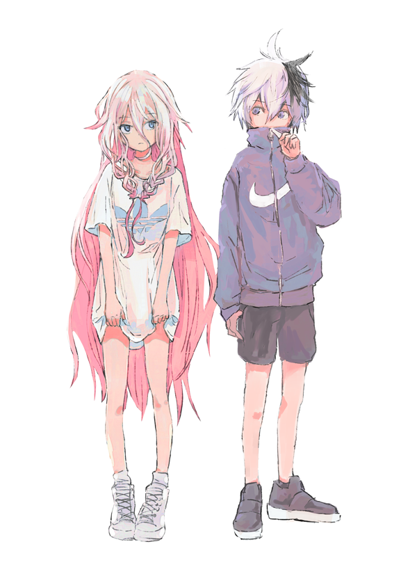 adidas androgynous black_shorts covered_mouth flower_(vocaloid) full_body ia_(vocaloid) jacket kyuufu long_hair long_shirt multicolored_hair multiple_girls nike pink_hair purple_eyes purple_jacket shirt shoes short_hair shorts simple_background sneakers streaked_hair t-shirt v_flower_(vocaloid4) vocaloid white_background white_hair