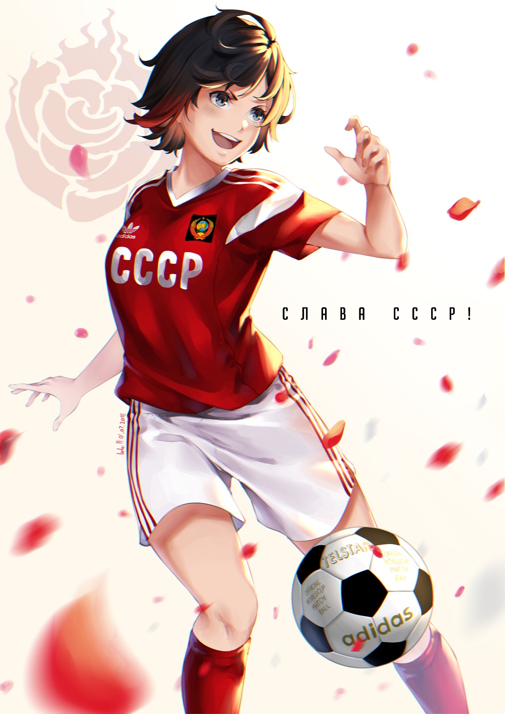 2018_fifa_world_cup adidas ball blush breasts cyrillic dated gradient highres jersey lulu-chan92 multicolored_hair open_mouth petals rose_petals ruby_rose russia russian rwby short_hair signature silver_eyes simple_background smile soccer soccer_ball soccer_uniform solo soviet soviet_union sportswear telstar translated two-tone_hair world_cup