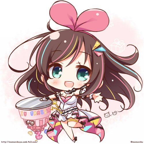 a.i._channel birthday blue_eyes breasts brown_hair cake chibi cleavage food hairband kizuna_ai leg_up long_hair looking_at_viewer lowres momoniku_(taretare-13) multicolored_hair outstretched_arms simple_background sleeveless smile solo streaked_hair twitter_username upside-down