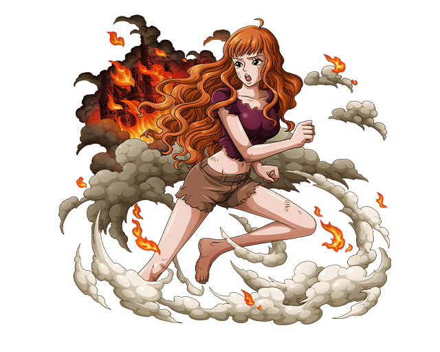 barefoot boa_marigold bodskih crying curly_hair fire long_hair midriff navel official_art one_piece open_mouth orange_hair solo teeth torn_clothes transparent_background younger