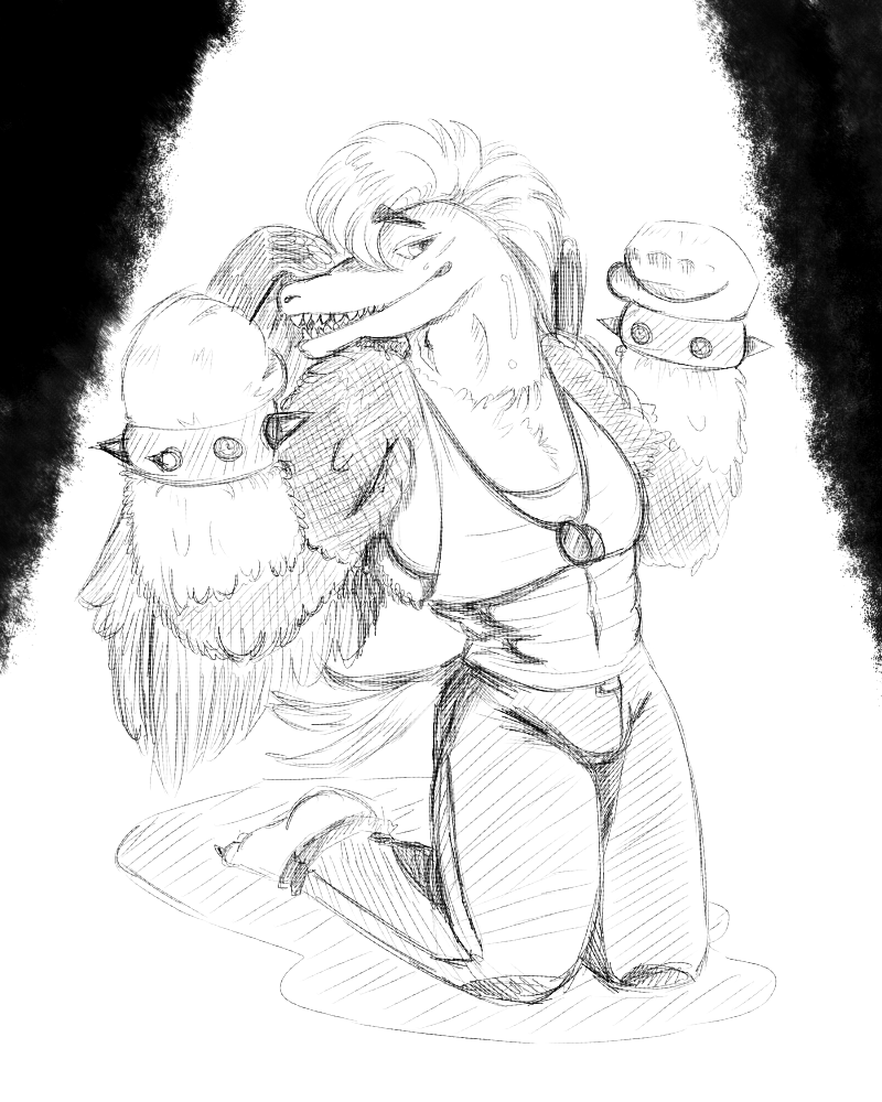 alligator avian bandage bird bulge clothed clothing crocodilian dog_tags eagle eagleator feathers gloves greyscale hybrid kneeling male monochrome mullet muscular pants reptile scalie shirt sketch tank_top unikitty_show_(copyright) wings